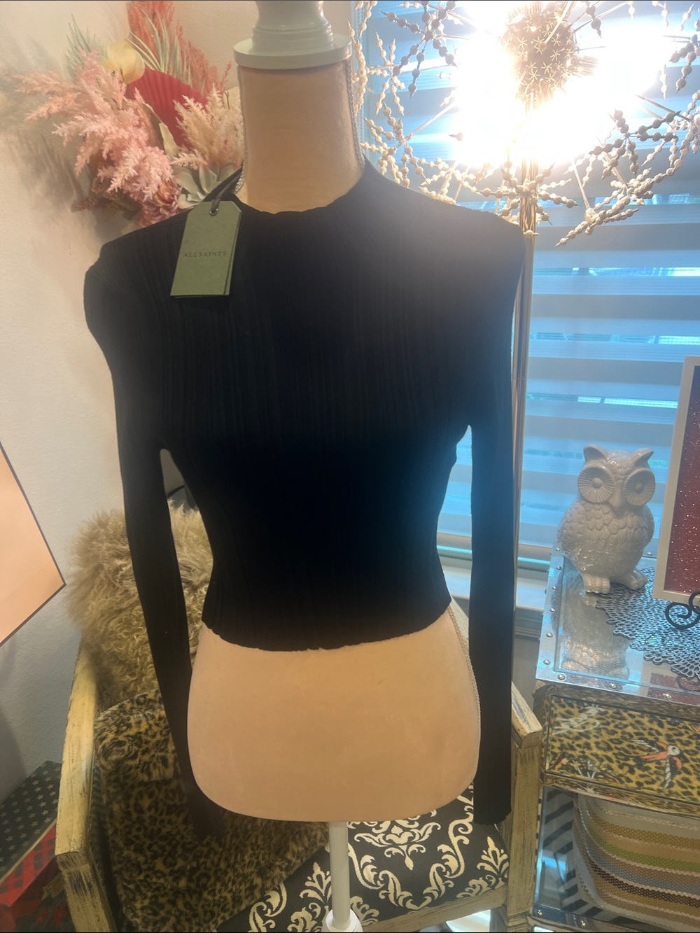 All Saints Black Ribbed Long Sleeve Fitted Crop Top. Size Medium NWT